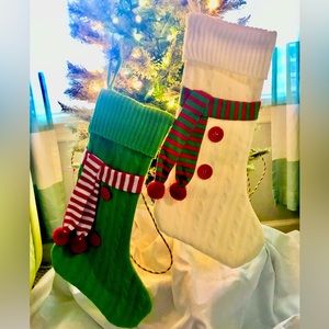 Set of 2, green, white, red sweater cable knit Christmas Stockings! Buttons.